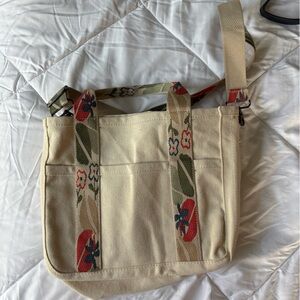 Canvas Tote Bag with Floral Strap - Beige